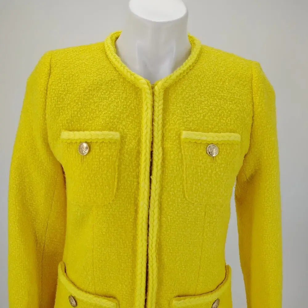 J.Crew Yellow Bouclé Long Lady Jacket & Mini Skirt Wool Blend Suit Set Size 4